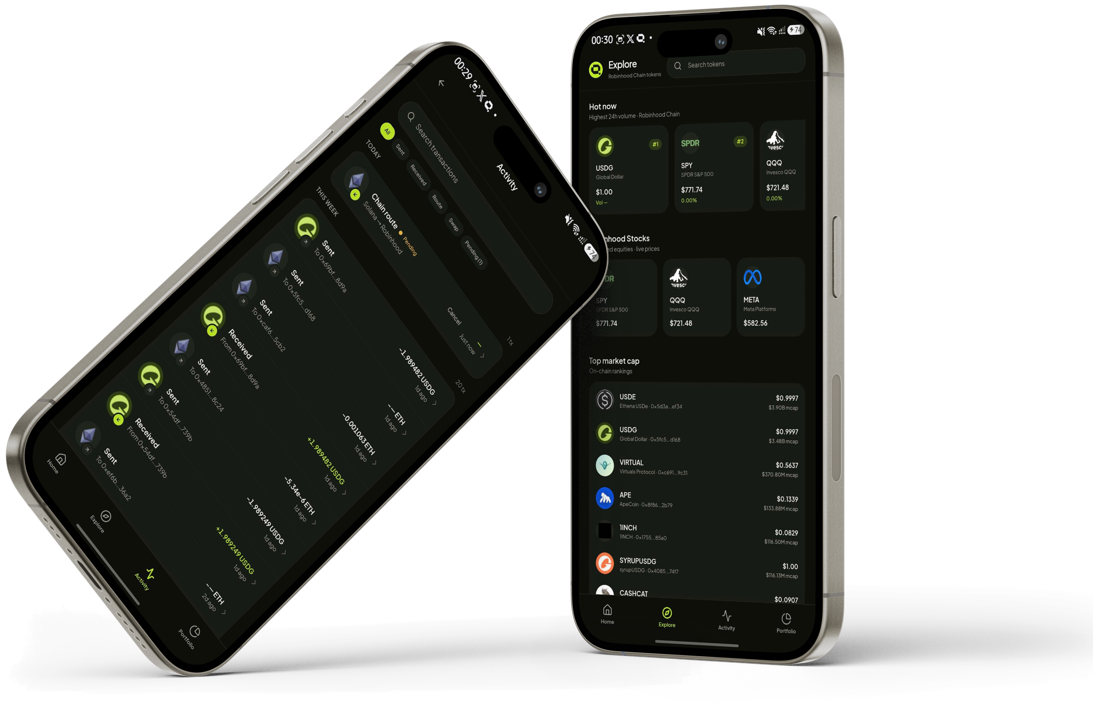 Robeon activity and explore screens on mobile